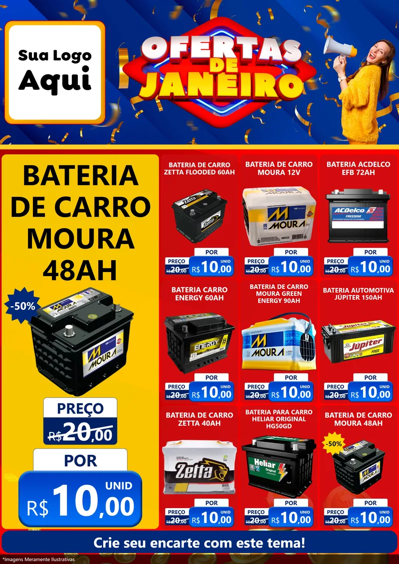 Modelo de Encarte para Encarte A4 Vertical com o tema Ofertas de Janeiro para Baterias Elétricas