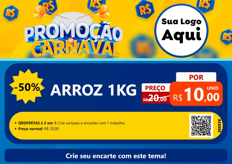Modelo de Cartaz para Cartaz A4 Horizontal com o tema Promoção de Carnaval para Supermercado