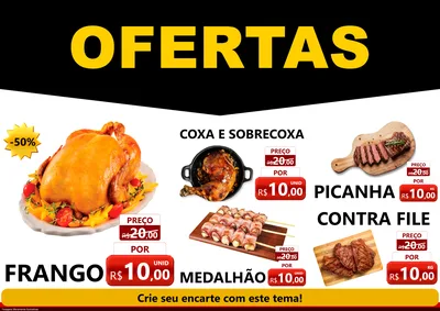Modelo de Encarte para Encarte A4 Horizontal com o tema Ofertas Preto e Vermelho Cartaz para Assados