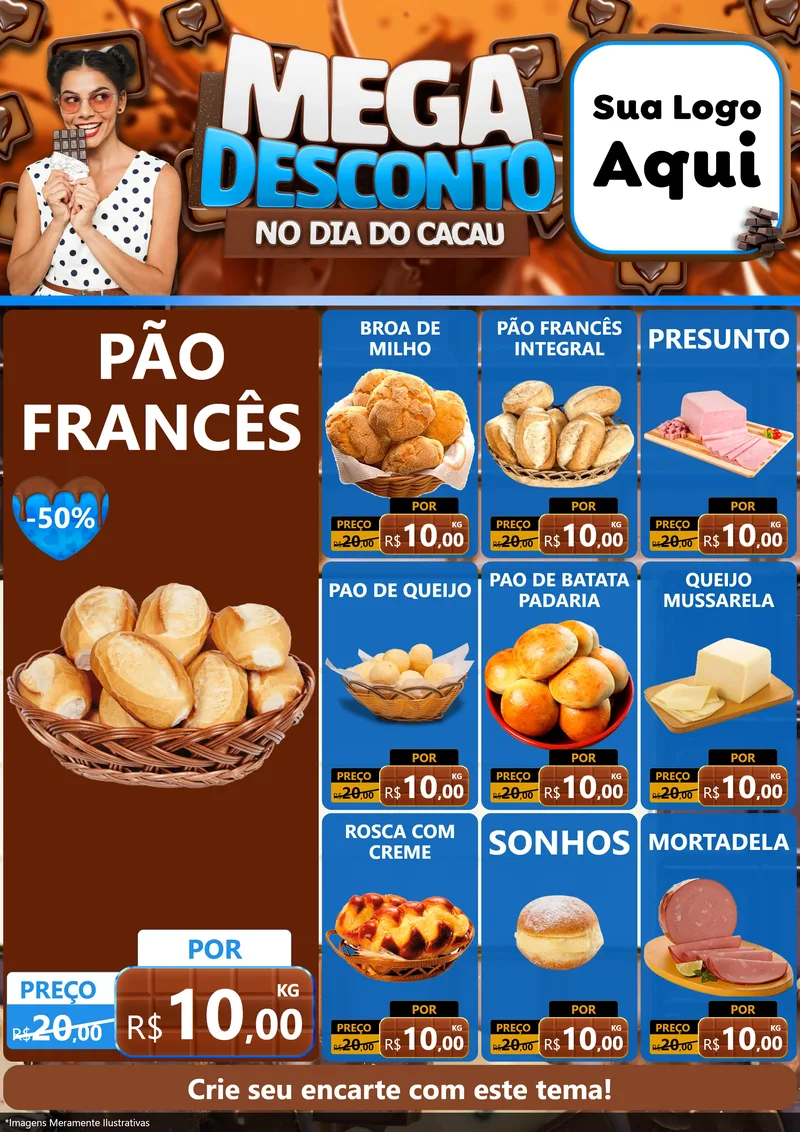 Modelo de Encarte para Encarte A4 Vertical com o tema Mega Desconto no Dia do Cacau para Padaria