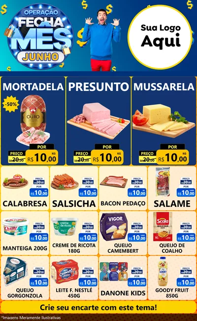 Modelo de Encarte para Encarte Grande com o tema Operação Fecha Mês, Junho para Frios e Laticínios