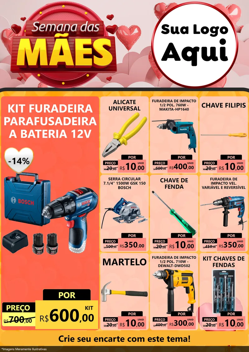 Modelo de Encarte para Encarte A4 Vertical com o tema Semana das Mães para Maquinas e Ferramentas