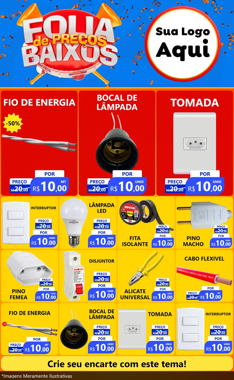 Modelo de Encarte para Encarte Grande com o tema Folia de Preços Baixos para Materiais Elétricos