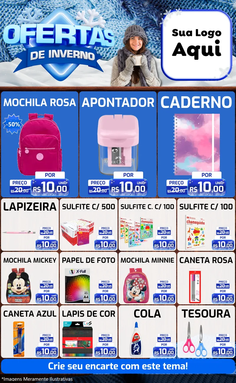 Modelo de Encarte para Encarte Grande com o tema Ofertas de Inverno para Papelaria