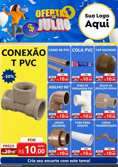 Modelo de Encarte para Encarte A4 Vertical com o tema Ofertas de Julho para Tubos e conexões