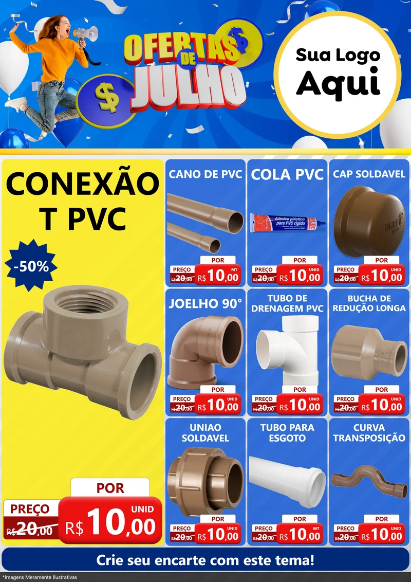 Modelo de Encarte para Encarte A4 Vertical com o tema Ofertas de Julho para Tubos e conexões