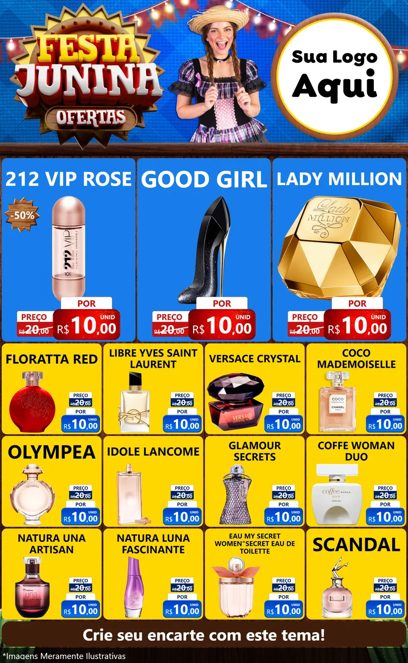 Modelo de Encarte para Encarte Grande com o tema Festa Junina Ofertas para Perfumes