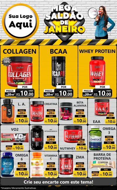 Modelo de Encarte para Encarte Grande com o tema Mega Saldão de Janeiro para Suplementos alimentares