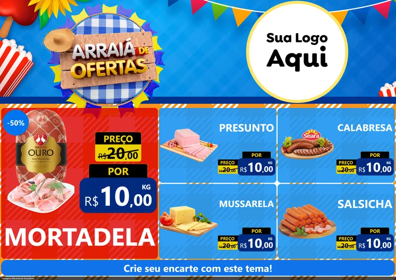 Modelo de Encarte para Encarte A4 Horizontal com o tema Arraiá de Ofertas para Frios e Laticínios