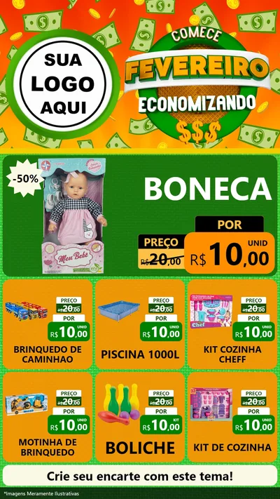 Modelo de Rede Social para Stories com o tema Comece Fevereiro Economizando para Brinquedos