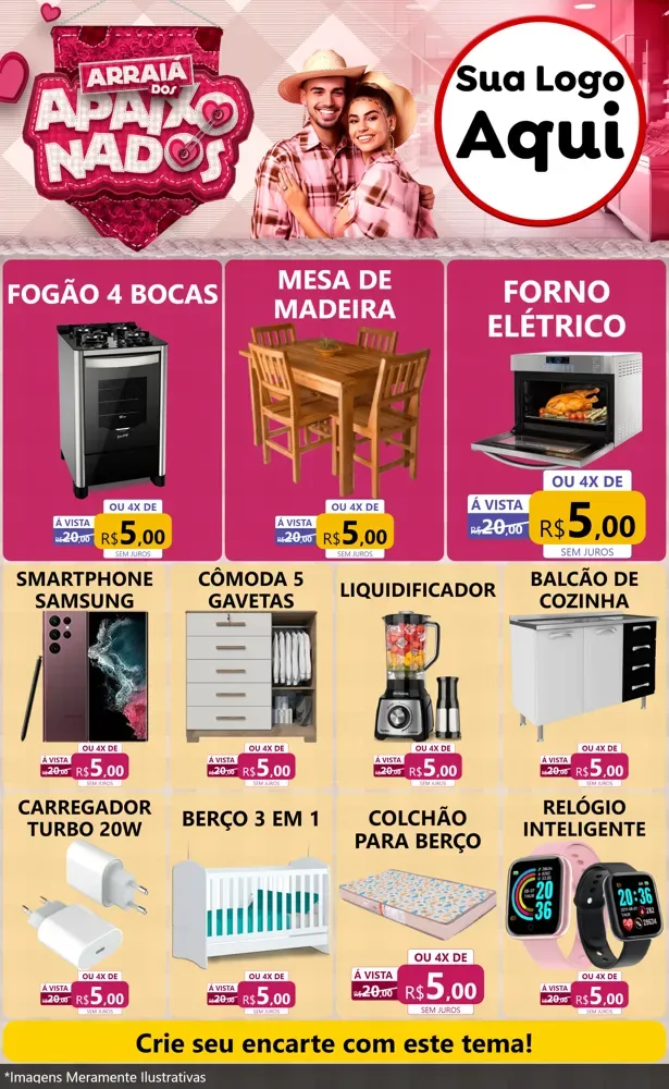 Modelo de Encarte para Encarte Grande com o tema Arraiá dos Apaixonados - Junina para Móveis e Eletro
