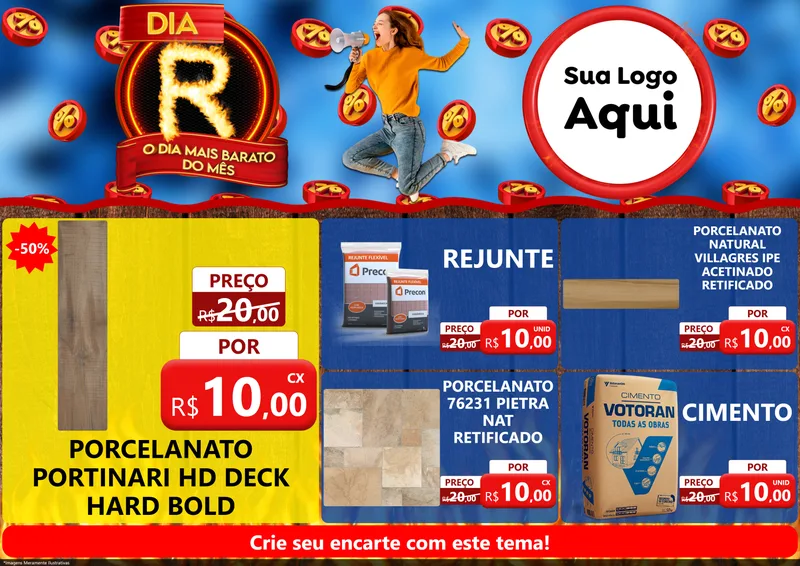 Modelo de Encarte para Encarte A4 Horizontal com o tema Dia R - O Dia Mais Barato Do Mês para Pisos e revestimentos