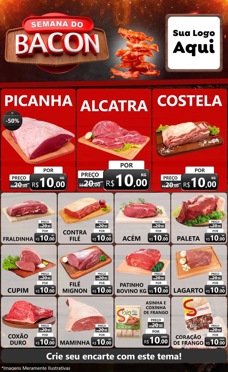 Modelo de Encarte para Encarte Grande com o tema Semana do Bacon para Açougue