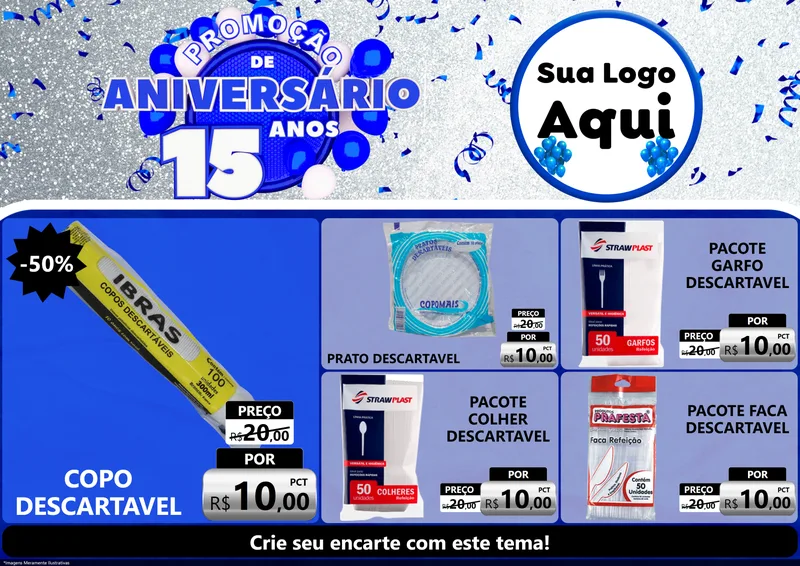 Modelo de Encarte para Encarte A4 Horizontal com o tema Promoção de Aniversário - 15 Anos para Embalagens