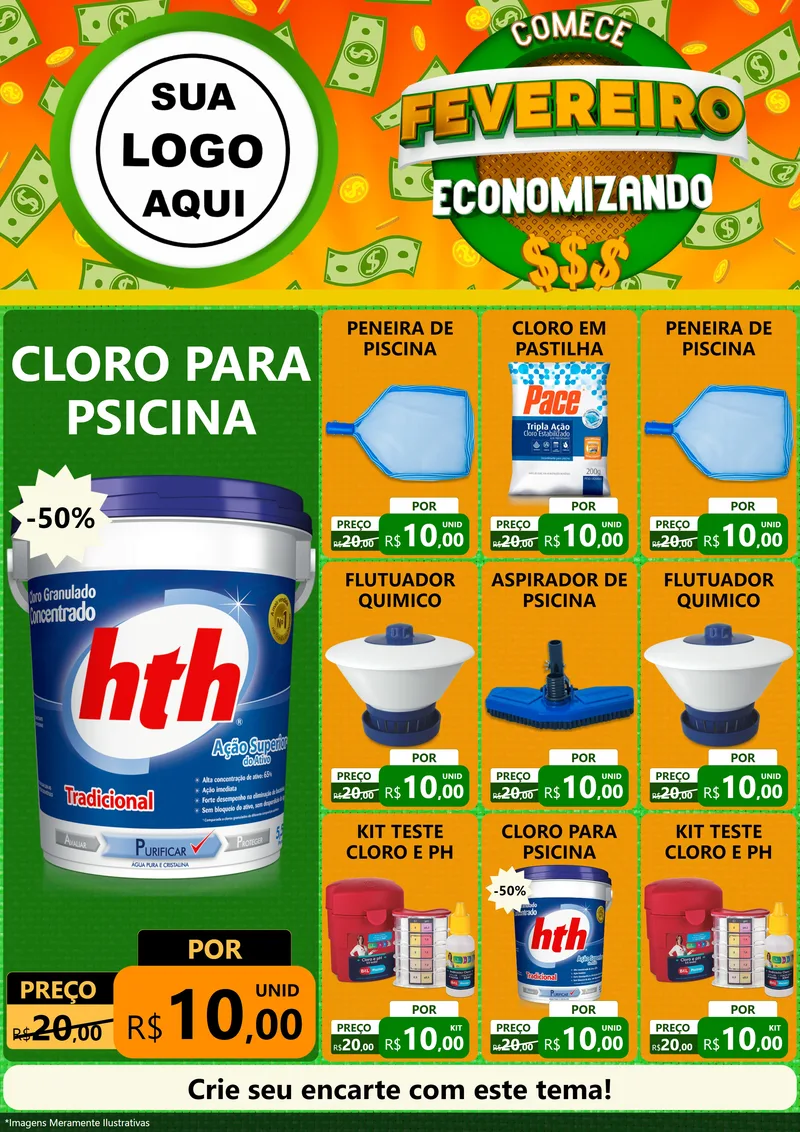 Modelo de Encarte para Encarte A4 Vertical com o tema Comece Fevereiro Economizando para Produtos para Piscina