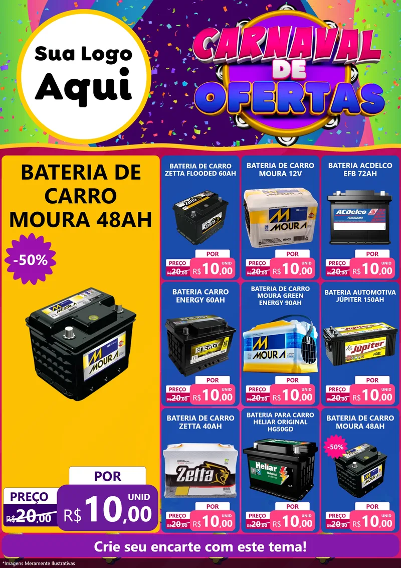 Modelo de Encarte para Encarte A4 Vertical com o tema Carnaval de Ofertas para Baterias Elétricas