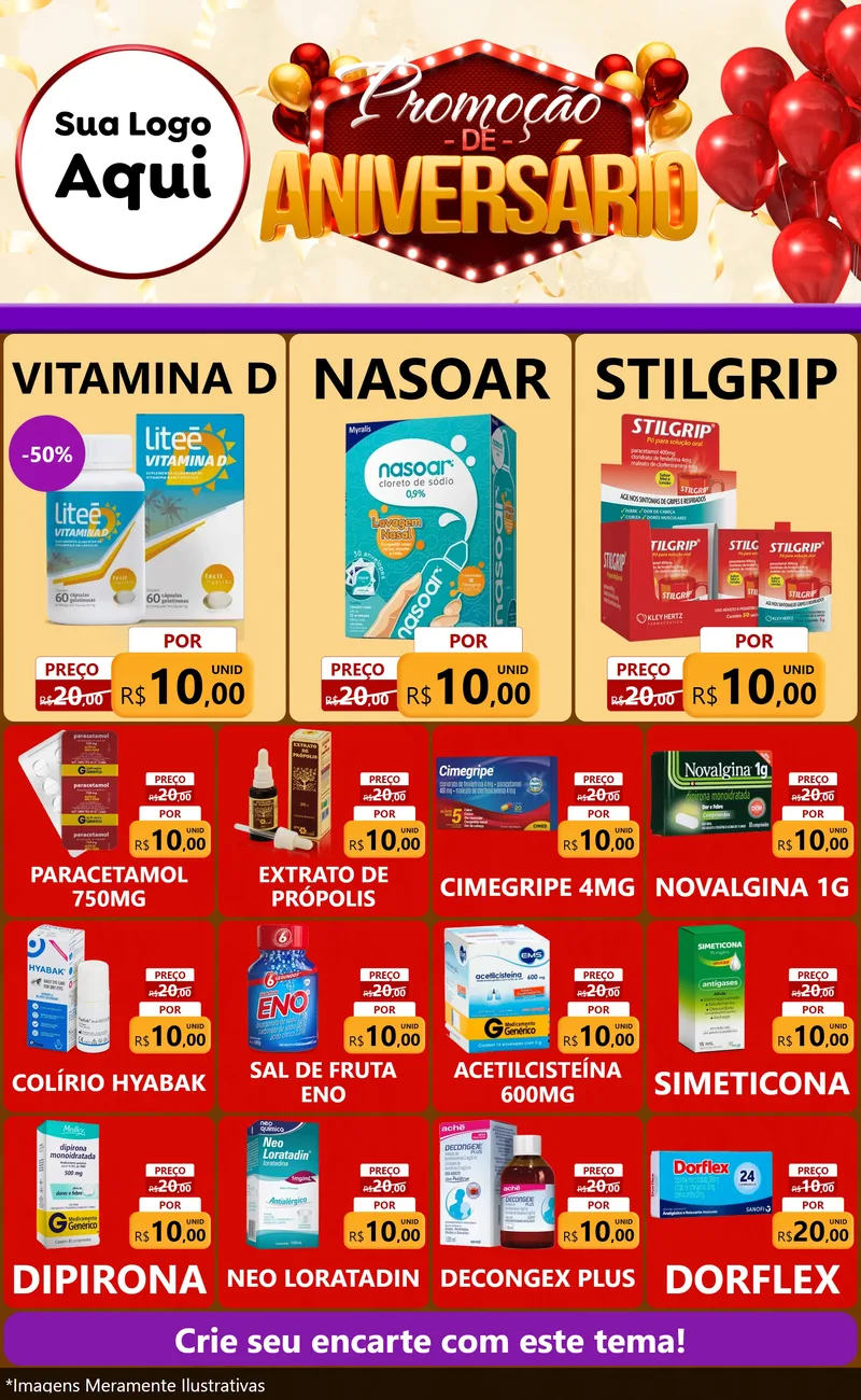 Modelo de Encarte para Encarte Grande com o tema Promoção de Aniversário para Farmácia