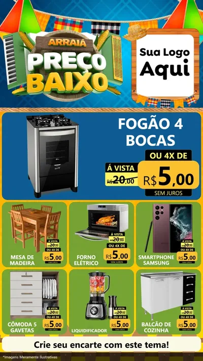 Modelo de Rede Social para Stories com o tema Arraiá de Preço Baixo - Junina para Móveis e Eletro