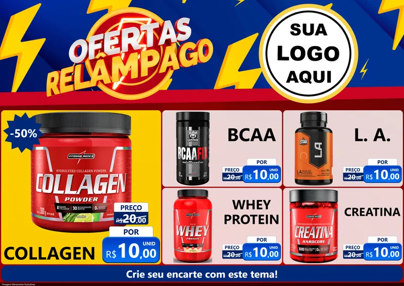 Modelo de Encarte para Encarte A4 Horizontal com o tema Ofertas Relâmpago para Suplementos alimentares