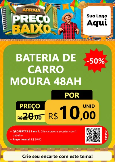 Modelo de Cartaz para Cartaz A4 Vertical com o tema Arraiá de Preço Baixo - Junina para Baterias Elétricas