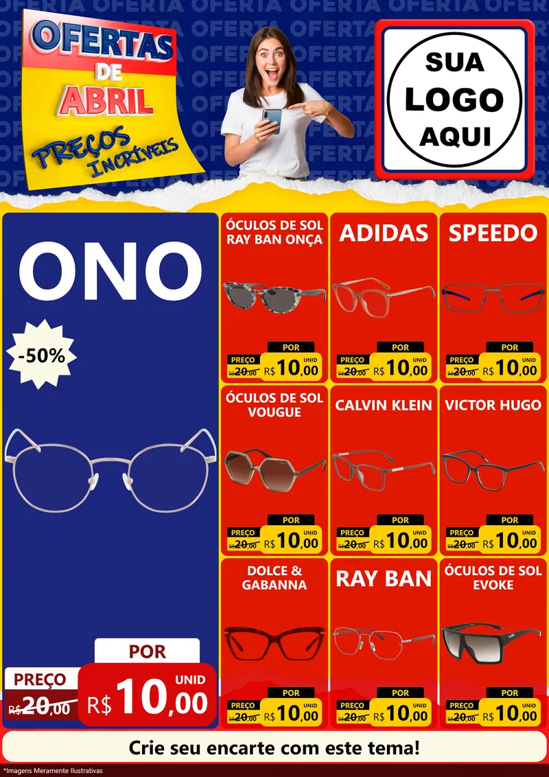 Modelo de Encarte para Encarte A4 Vertical com o tema Ofertas de Abril - Preços Incríveis para Óticas