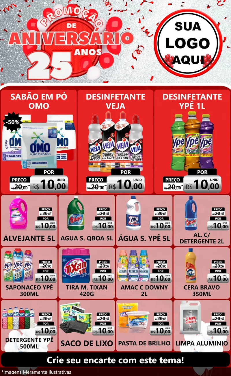 Modelo de Encarte para Encarte Grande com o tema Promoção de Aniversário - 25Anos para Produtos de Limpeza