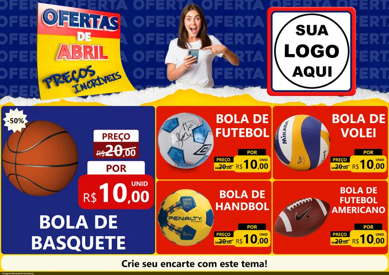 Modelo de Encarte para Encarte A4 Horizontal com o tema Ofertas de Abril - Preços Incríveis para Artigos Esportivos