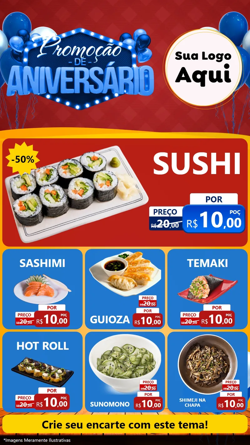 Modelo de Rede Social para Stories com o tema Promoção de Aniversário para Comida japonesa