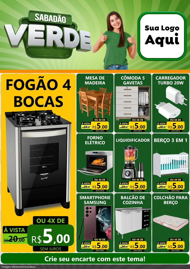 Modelo de Encarte para Encarte A4 Vertical com o tema Sabadão Verde para Móveis e Eletro