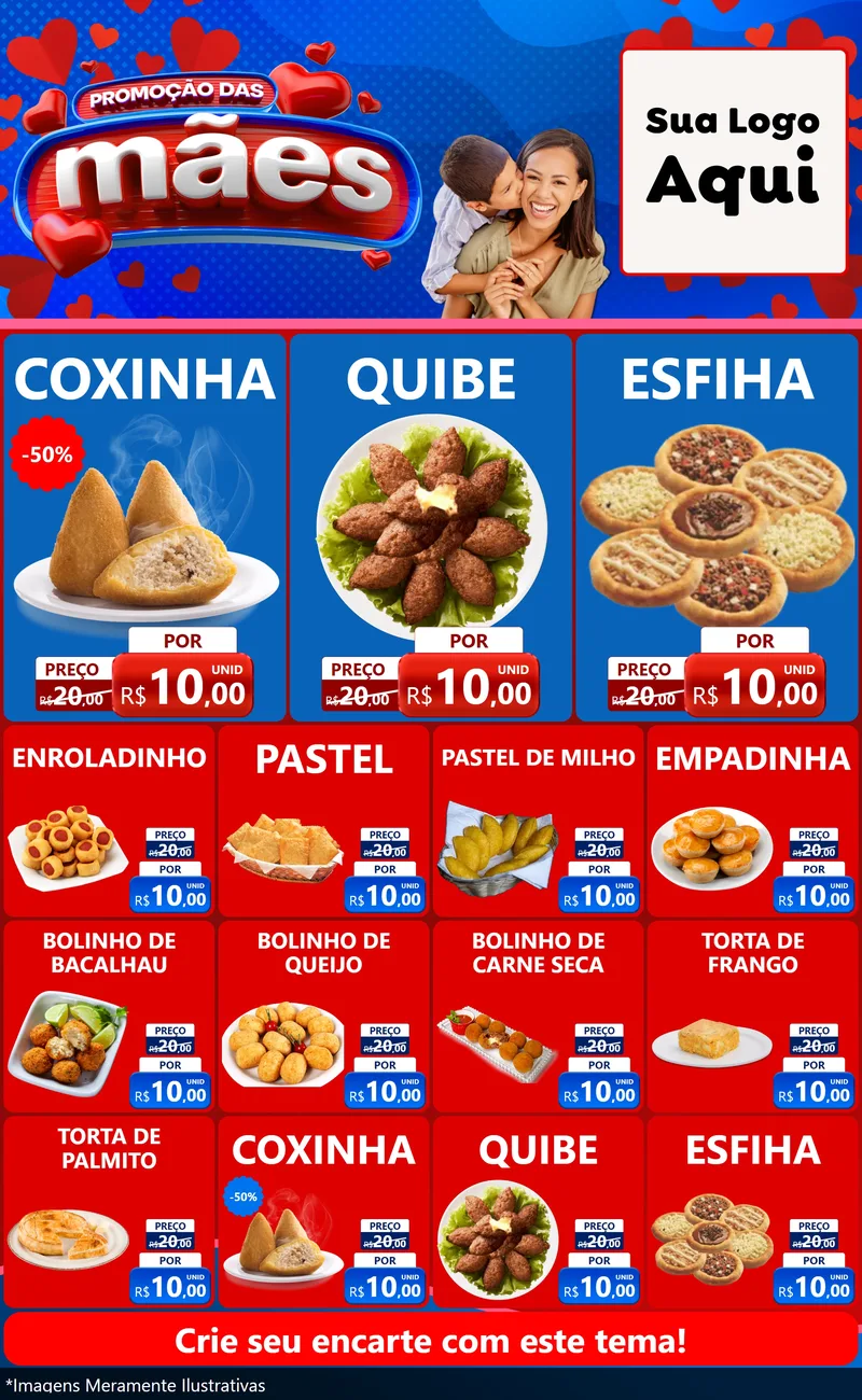 Modelo de Encarte para Encarte Grande com o tema Promoção das Mães para Salgadaria