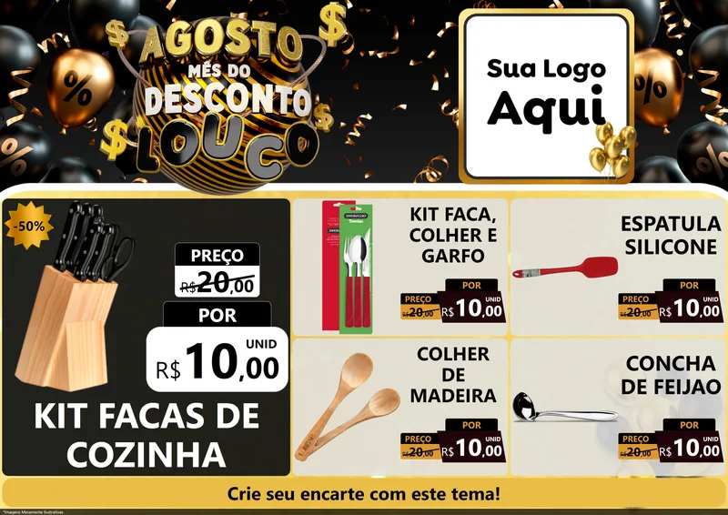 Modelo de Encarte para Encarte A4 Horizontal com o tema Agosto Mês do Desconto Louco para Utilidades Domésticas