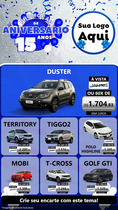 Modelo de Rede Social para Stories com o tema Promoção de Aniversário - 15 Anos para Concessionaria de Carros