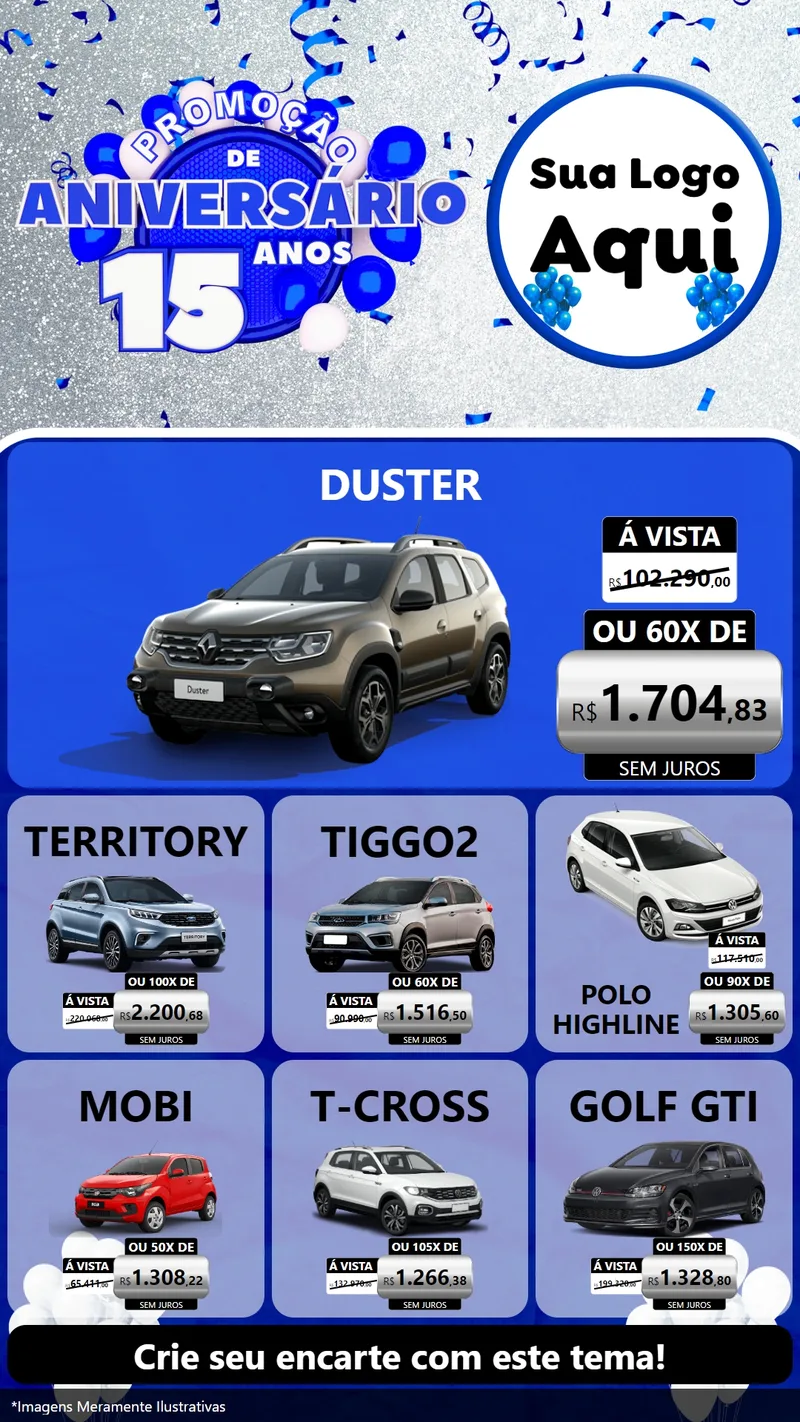 Modelo de Rede Social para Stories com o tema Promoção de Aniversário - 15 Anos para Concessionaria de Carros