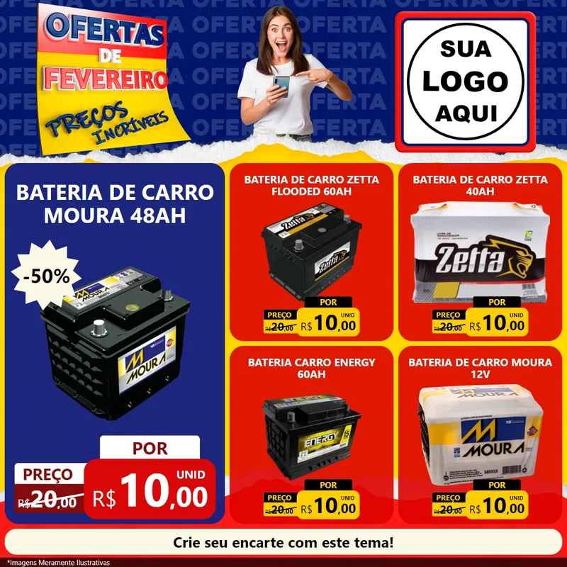 Modelo de Rede Social para Feed Facebook com o tema Ofertas de Fevereiro - Preços Incríveis para Baterias Elétricas