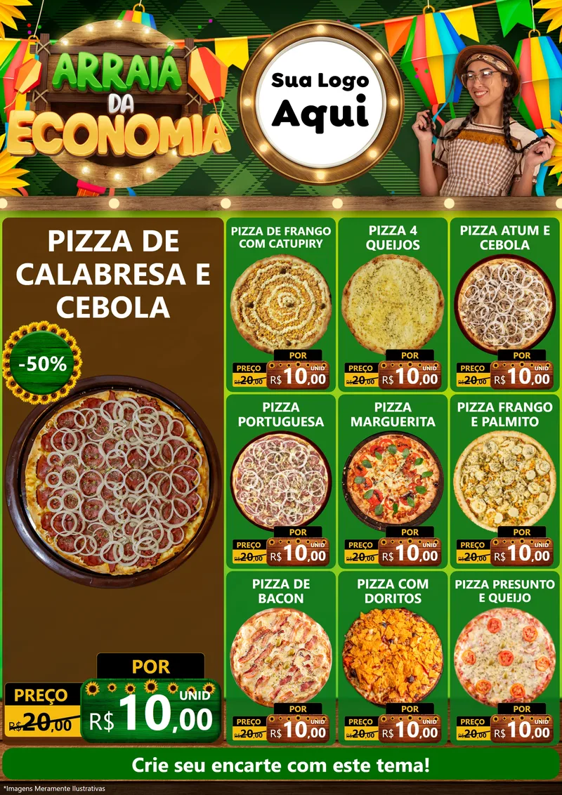 Modelo de Encarte para Encarte A4 Vertical com o tema Arraiá de Economia para Pizzaria