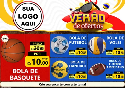 Modelo de Encarte para Encarte A4 Horizontal com o tema Super Verão de Ofertas para Artigos Esportivos