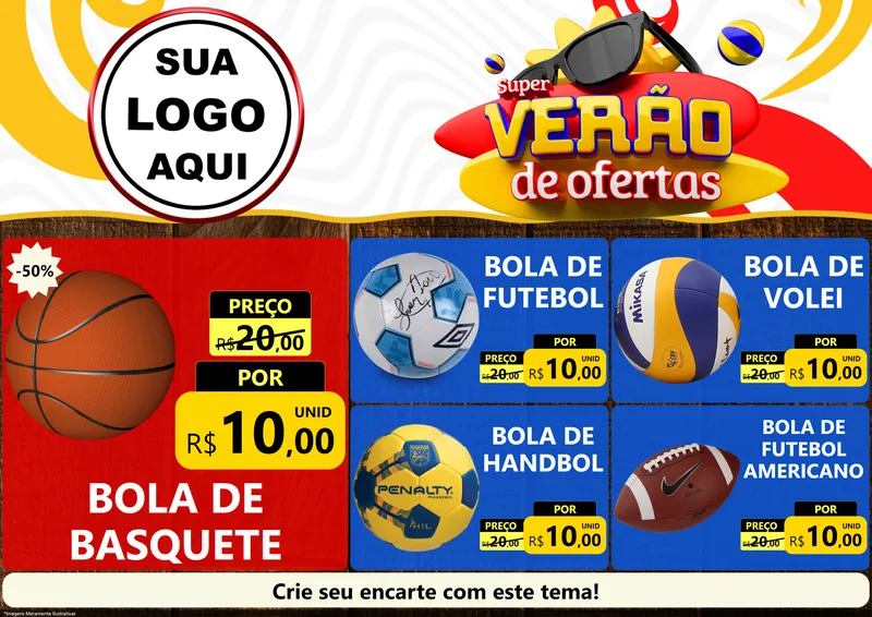 Modelo de Encarte para Encarte A4 Horizontal com o tema Super Verão de Ofertas para Artigos Esportivos