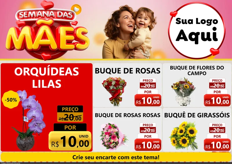 Modelo de Encarte para Encarte A4 Horizontal com o tema Semana das Mães para Floricultura e jardim
