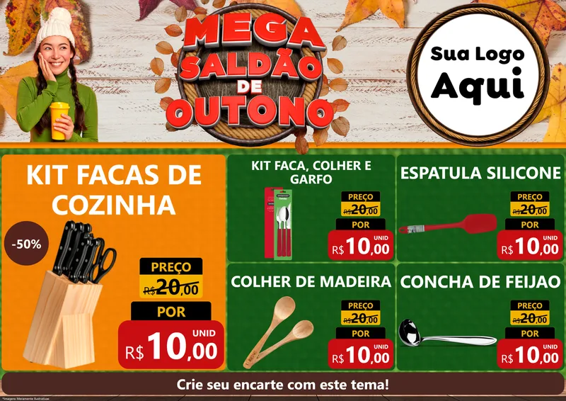 Modelo de Encarte para Encarte A4 Horizontal com o tema Mega Saldão de Outono para Utilidades Domésticas