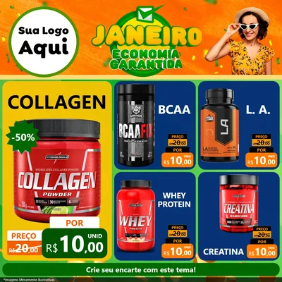 Modelo de Rede Social para Feed Facebook com o tema Janeiro - Economia Garantida para Suplementos alimentares