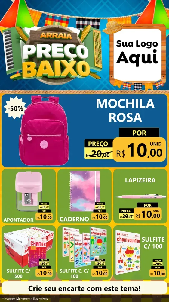 Modelo de Rede Social para Stories com o tema Arraiá de Preço Baixo - Junina para Papelaria