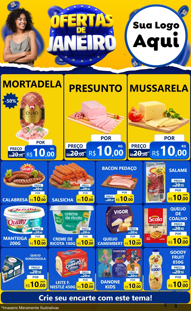Modelo de Encarte para Encarte Grande com o tema Ofertas de Janeiro para Frios e Laticínios