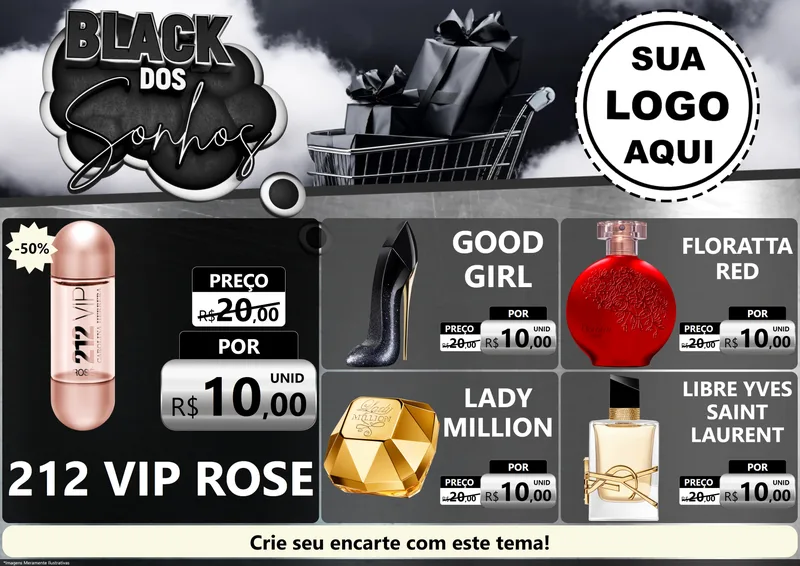 Modelo de Encarte para Encarte A4 Horizontal com o tema Black dos Sonhos para Perfumes