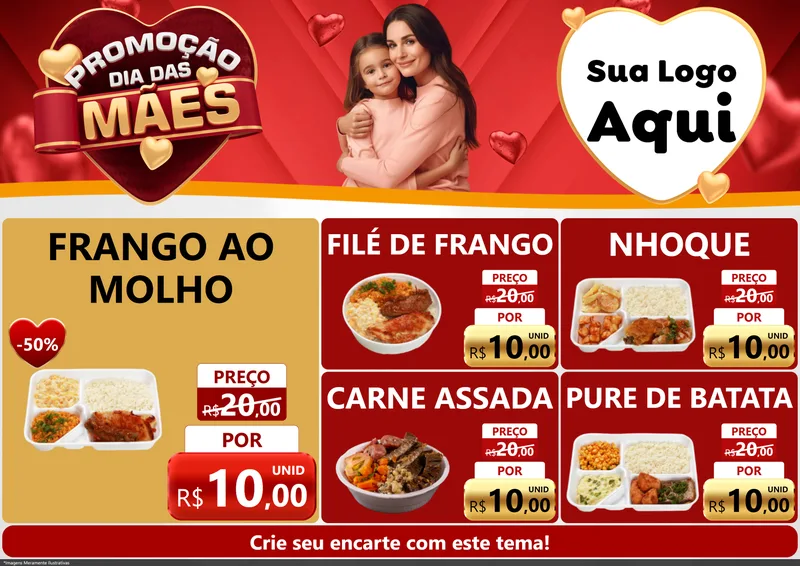 Modelo de Encarte para Encarte A4 Horizontal com o tema Promoção Dia das Mães para Restaurante