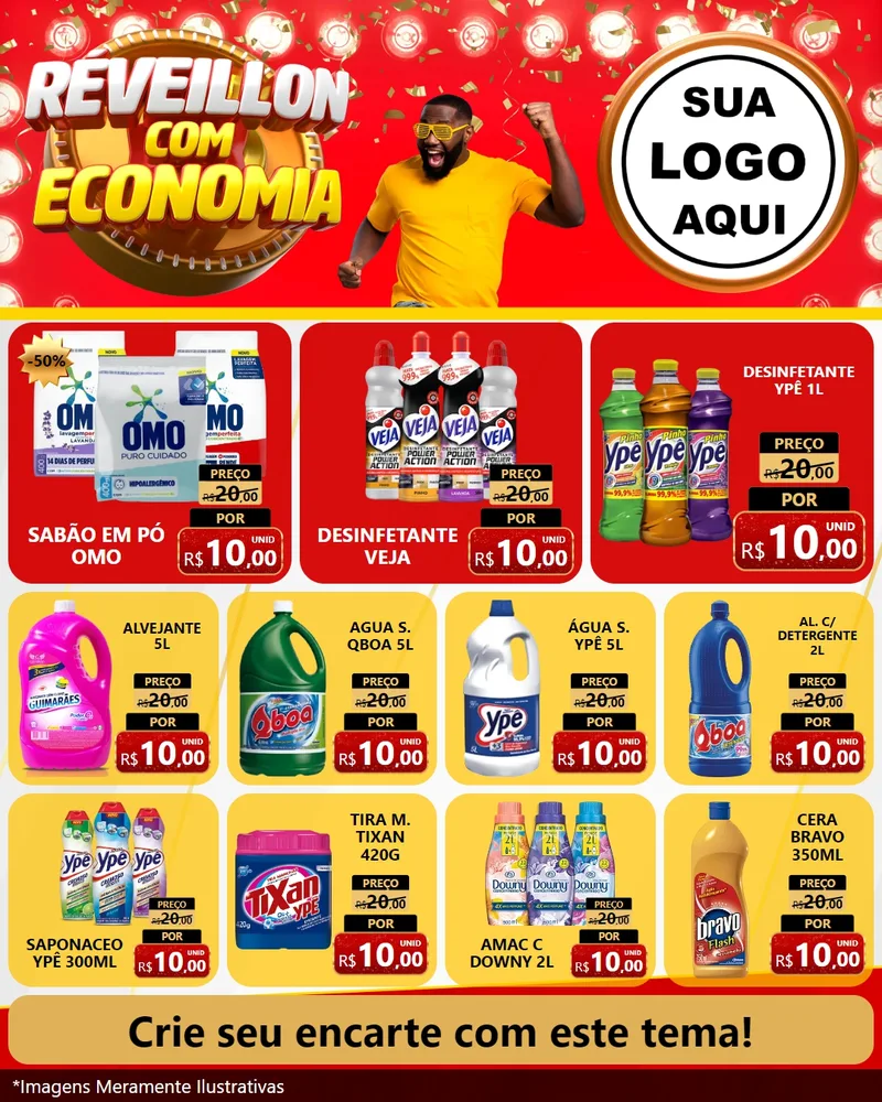 Modelo de Rede Social para Feed Instagram com o tema Réveillon com Economia para Produtos de Limpeza