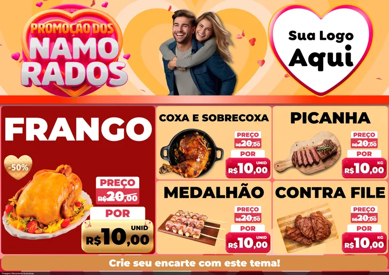 Modelo de Encarte para Encarte A4 Horizontal com o tema Promoção dos Namorados para Assados