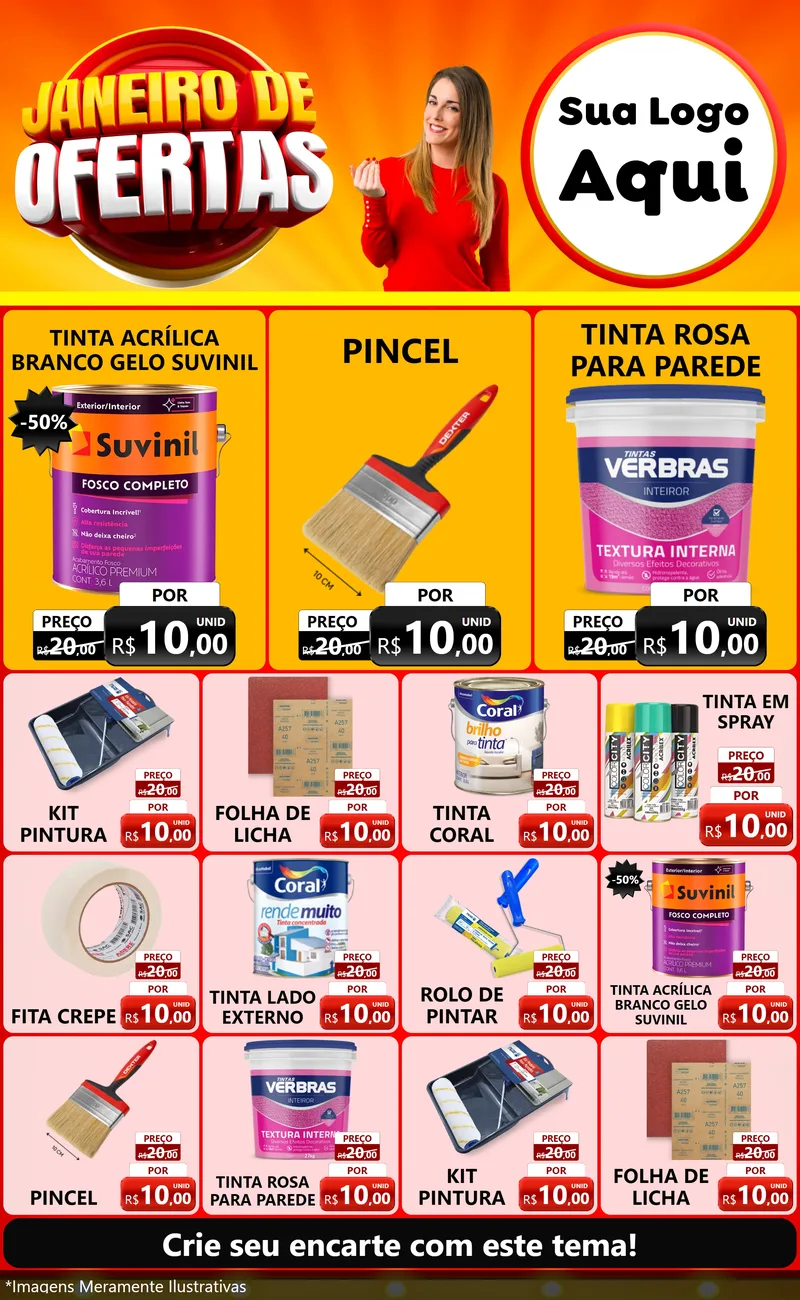 Modelo de Encarte para Encarte Grande com o tema Janeiro de Ofertas para Tintas e Ferramentas