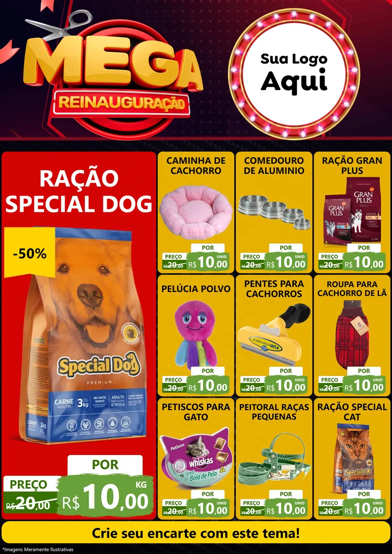 Modelo de Encarte para Encarte A4 Vertical com o tema Mega Reinauguração para Pet Shop