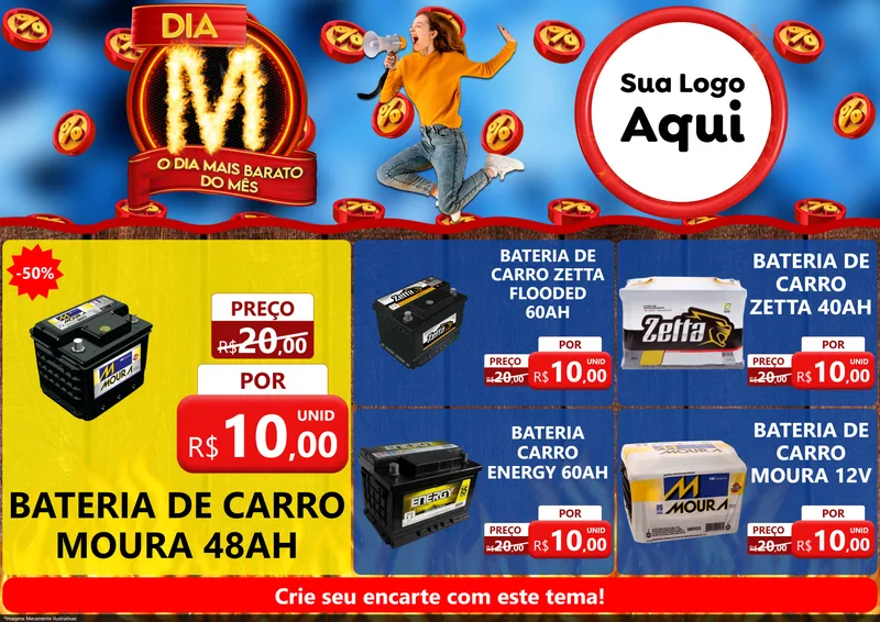 Modelo de Encarte para Encarte A4 Horizontal com o tema Dia M - O Dia Mais Barato Do Mês para Baterias Elétricas