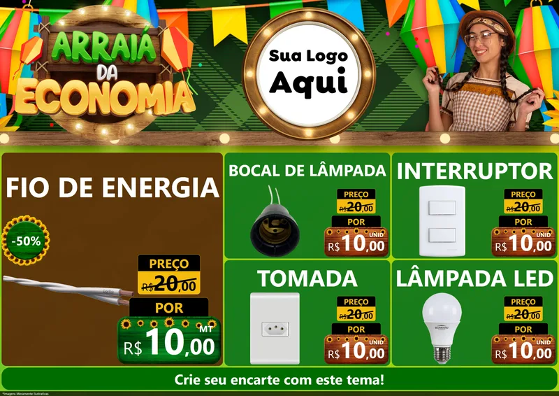 Modelo de Encarte para Encarte A4 Horizontal com o tema Arraiá de Economia para Materiais Elétricos